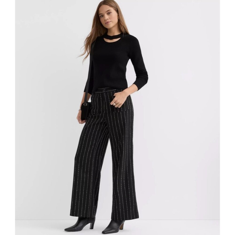 NWT Black Bsou Bisse Women High-Waisted Pinstripe Pants 18 Wide-Leg Pants Office